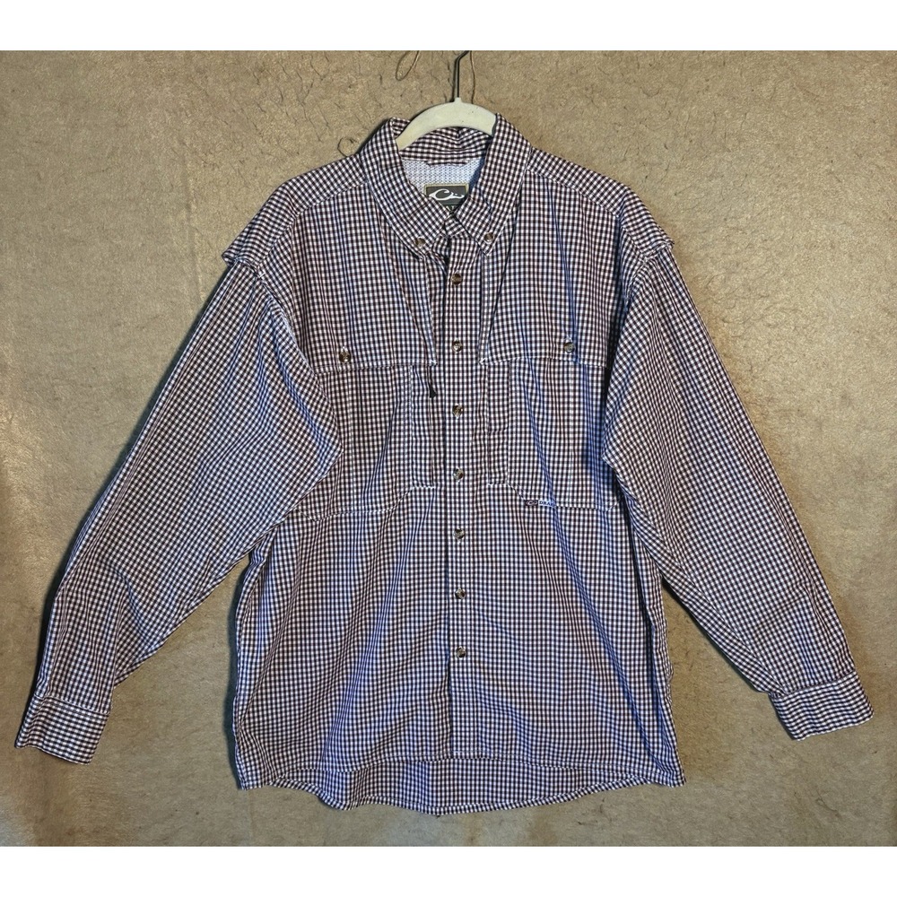 DRAKE Waterfowl Systems‎ Vented Shirt Mens Sz M Burgundy Check Pockets Roll Tab